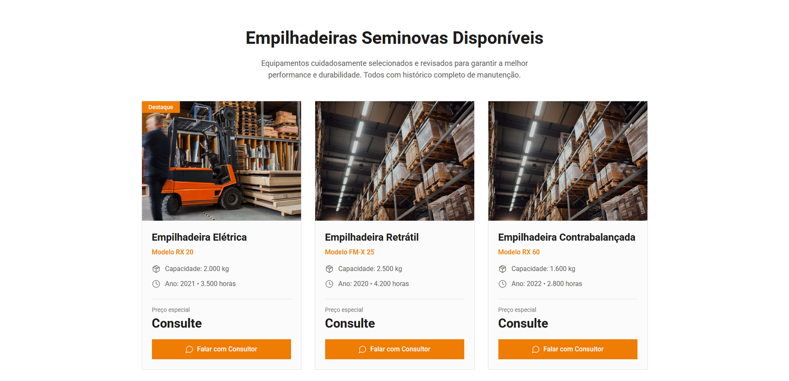 Grade de cards com modelos de empilhadeiras seminovas disponíveis