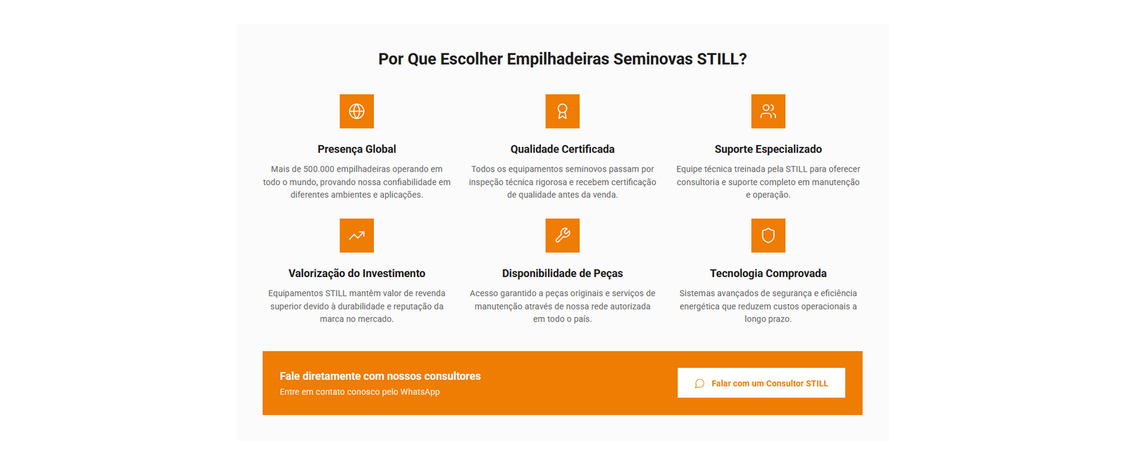 Grade de benefícios sobre por que escolher empilhadeiras seminovas STILL