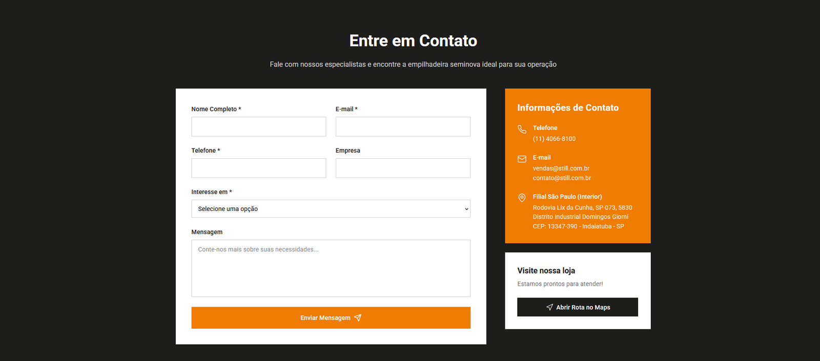 Página de contato com formulário e informações da filial de Indaiatuba